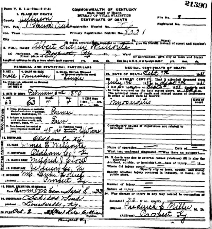 Albert Sidney wilhoyte Death Certificate