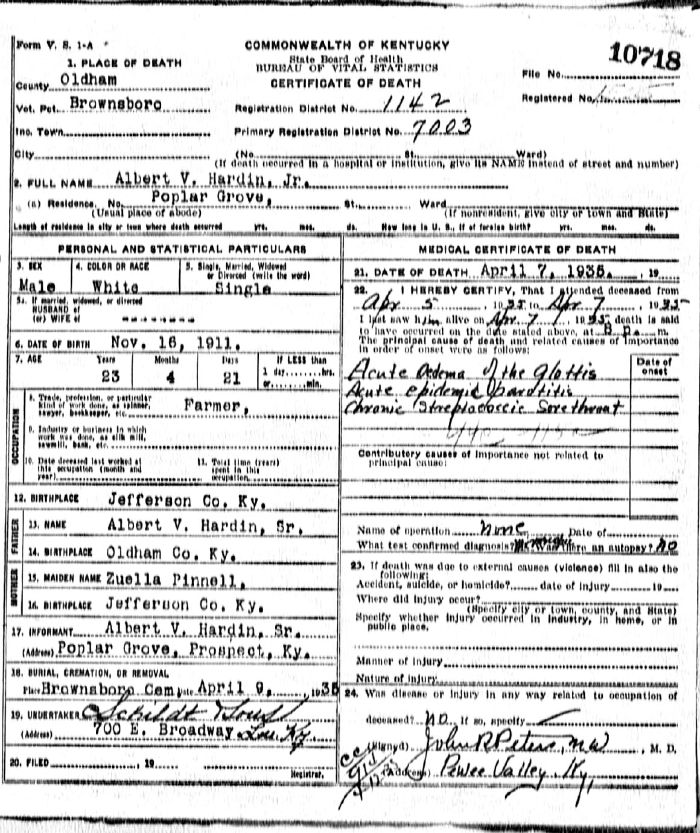 Albert V. Hardin, Jr. Death Certificate