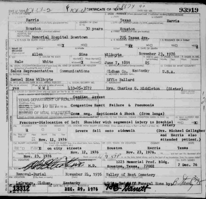 Allen Sims Wilhoyte Death Certificate