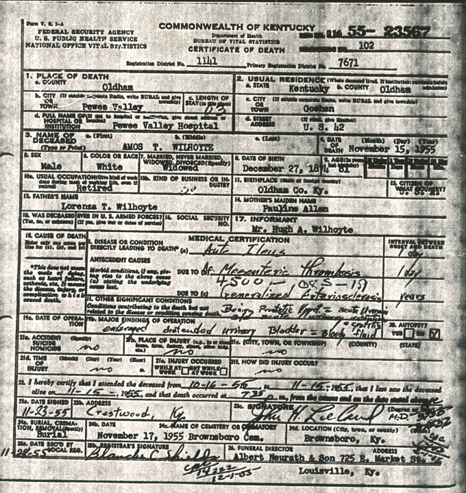 Amos T. Wilhoyte Death Certificate