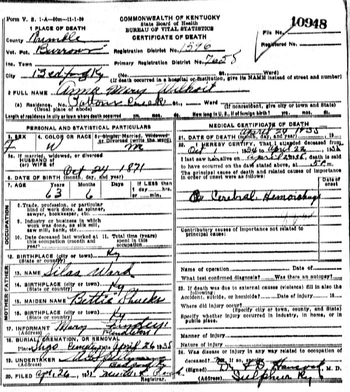 Anna Mary Wilhoit Death Certificate