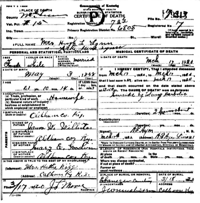 Arla Jane Lynn Death Certificate