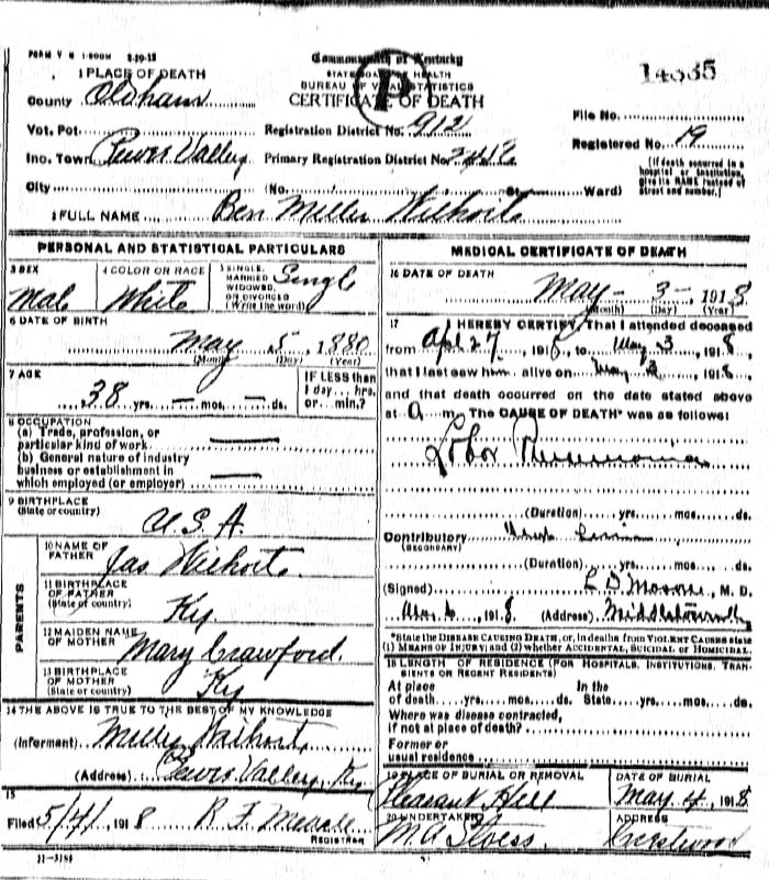 Ben Miller Wilhoite Death Certificate