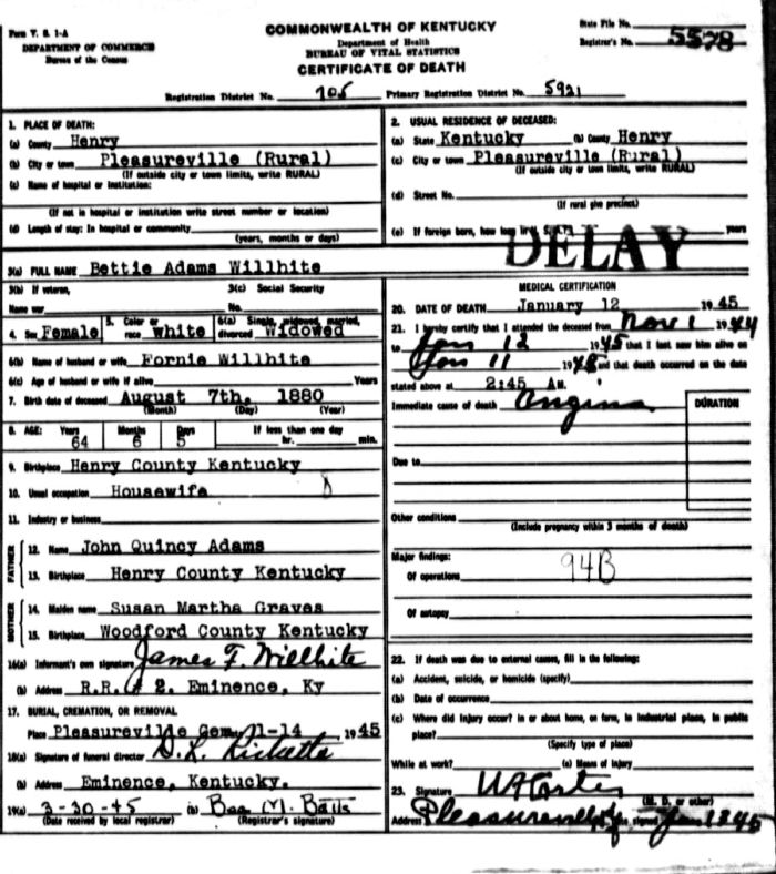 Bettie Adams Willhoite Death Certificate