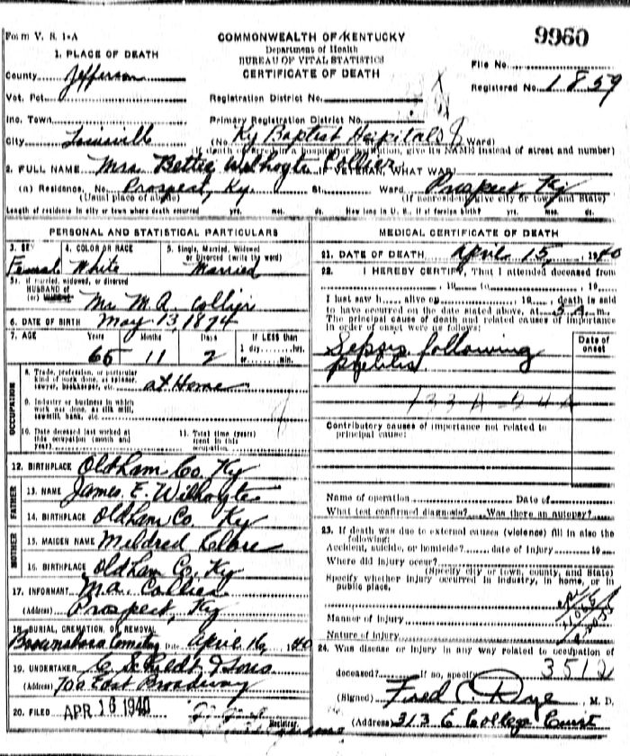 Bettie Wilhoyte Collier Death Certificate