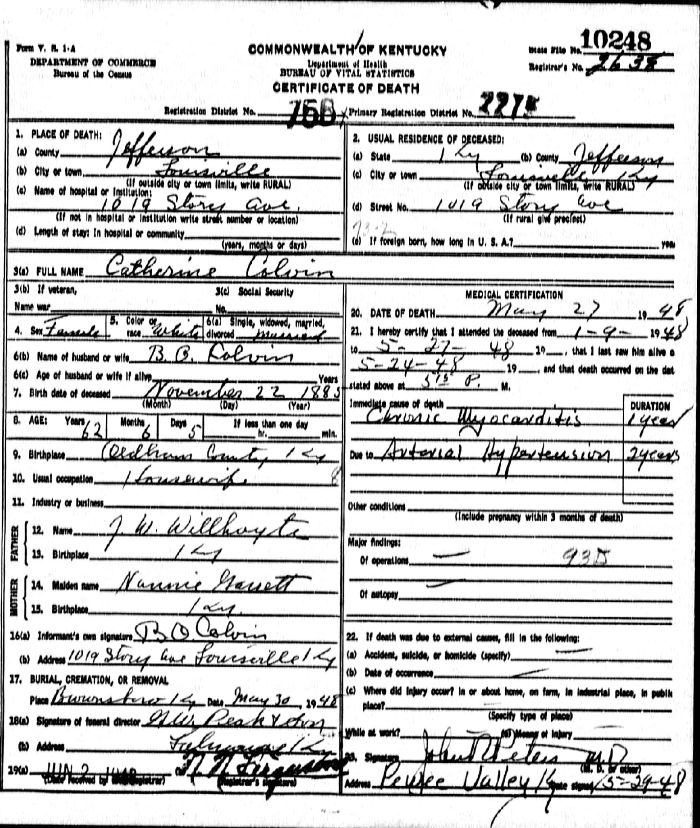 Catherine Colvin Death Certificate