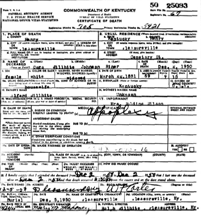 Cora Willhite Johnson Riner Death Certificate