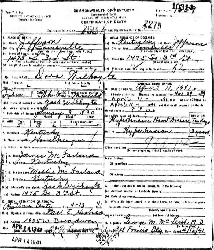 Dora Wilhoyte Death Certificate
