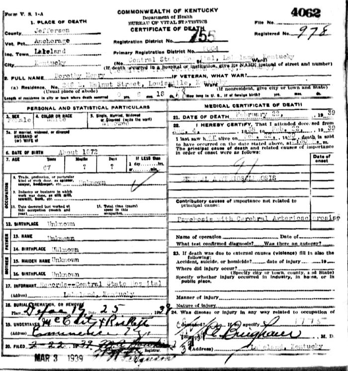 Dorothy Henry Death Certificate