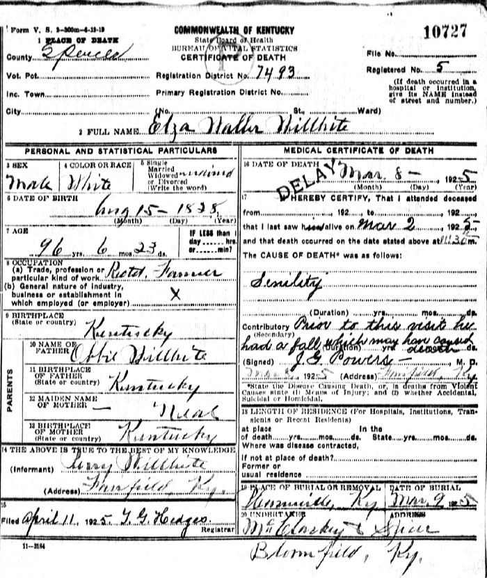 Elza Waller Willhite Death Certificate