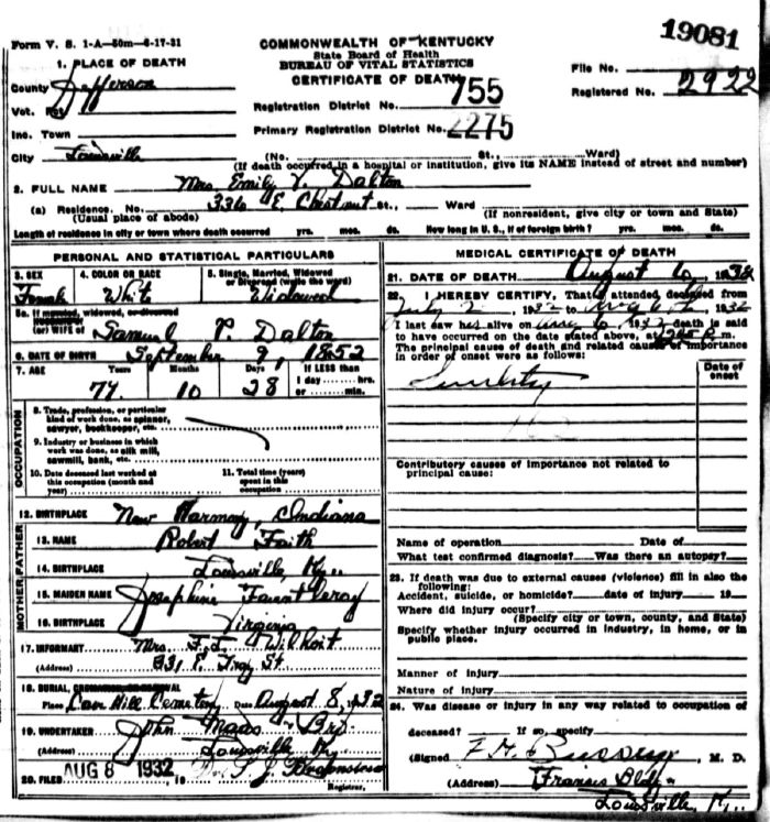 Emily V. Dalton Death Certificate