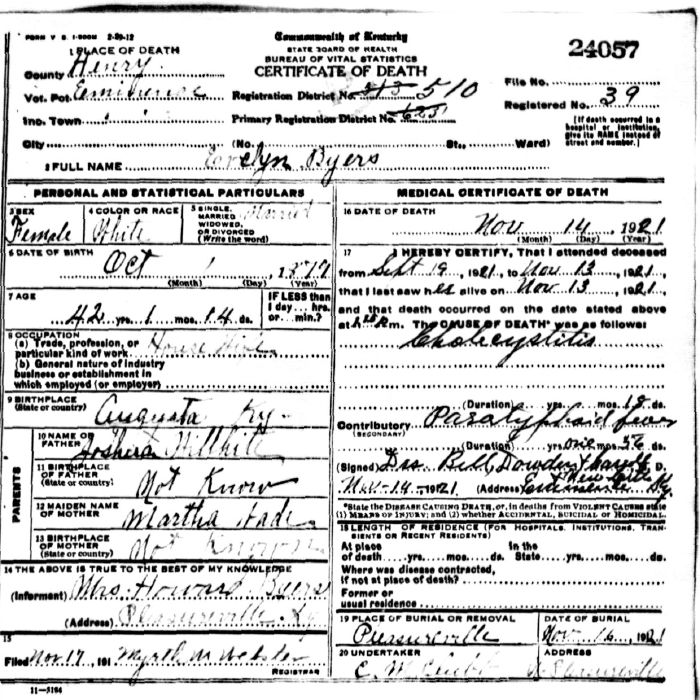 Evelyn Byers Death Certificate