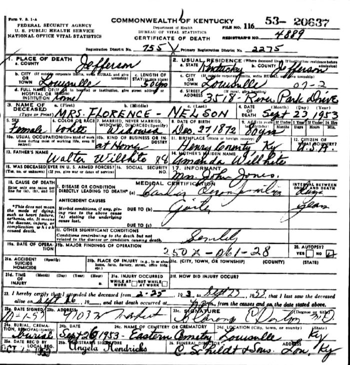 Florence Nelson Death Certificate