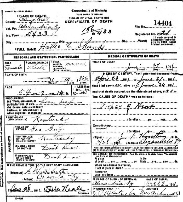 Hattie E. Shanks Death Certificate