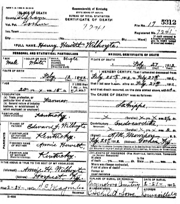 Henry Hewett Wilhoyte Death Certificate