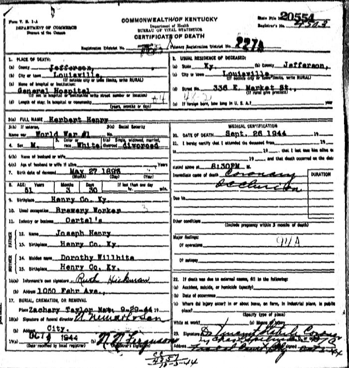 Herbert Henry Death Certificate