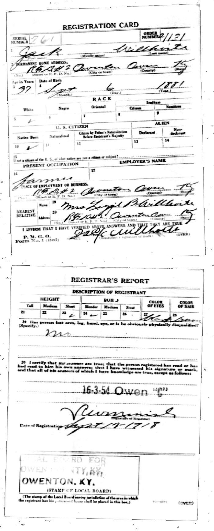 Jack Wilhoite World War I Registration Card