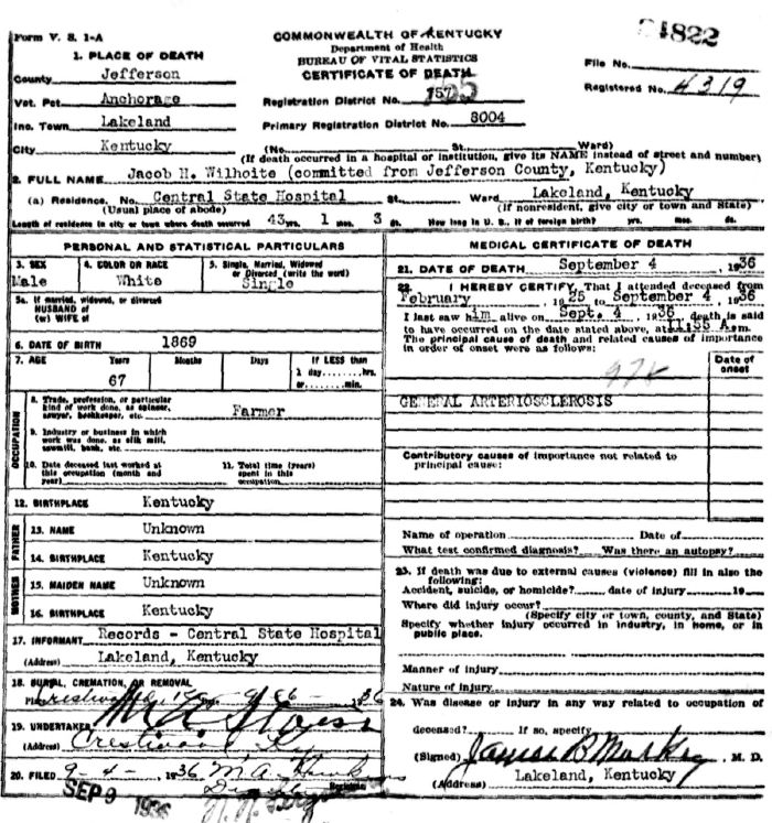 Jacob H. Wilhoite Death Certificate
