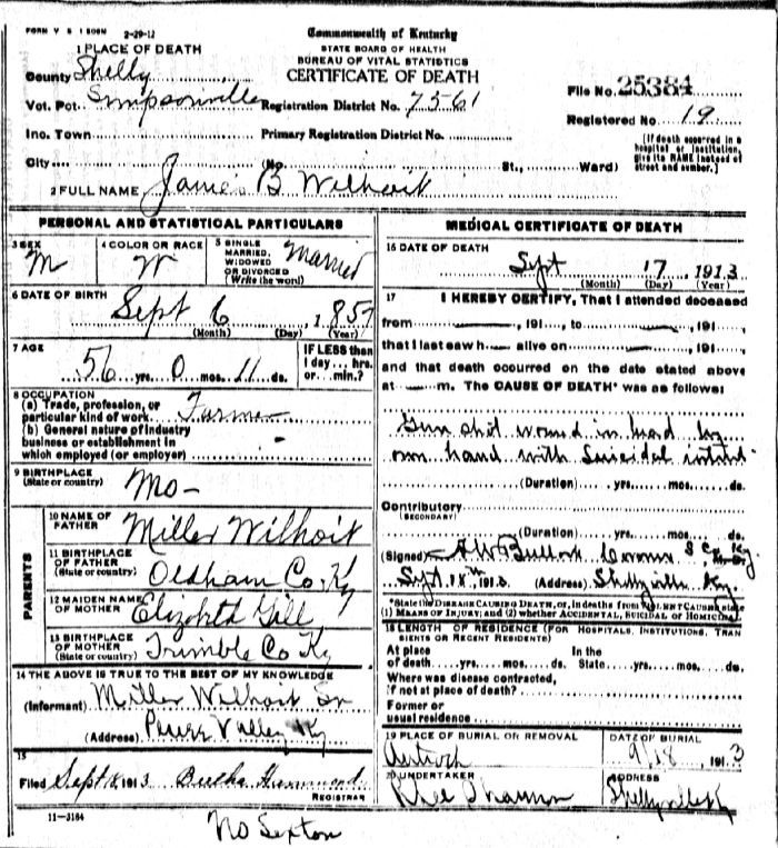 James B. Wilhoit Death Certificate