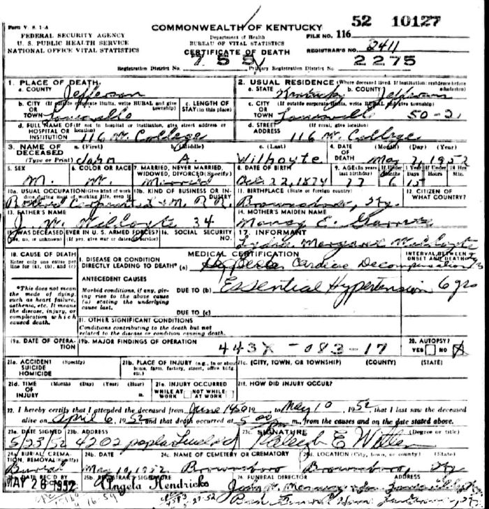 John A. Wilhoyte Death Certificate