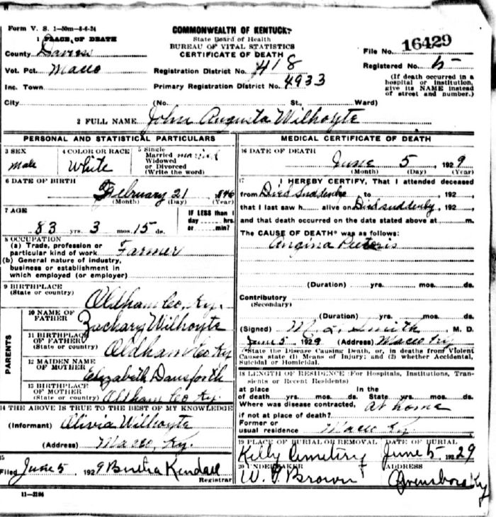 John Augusta Wilhoyte Death Certificate