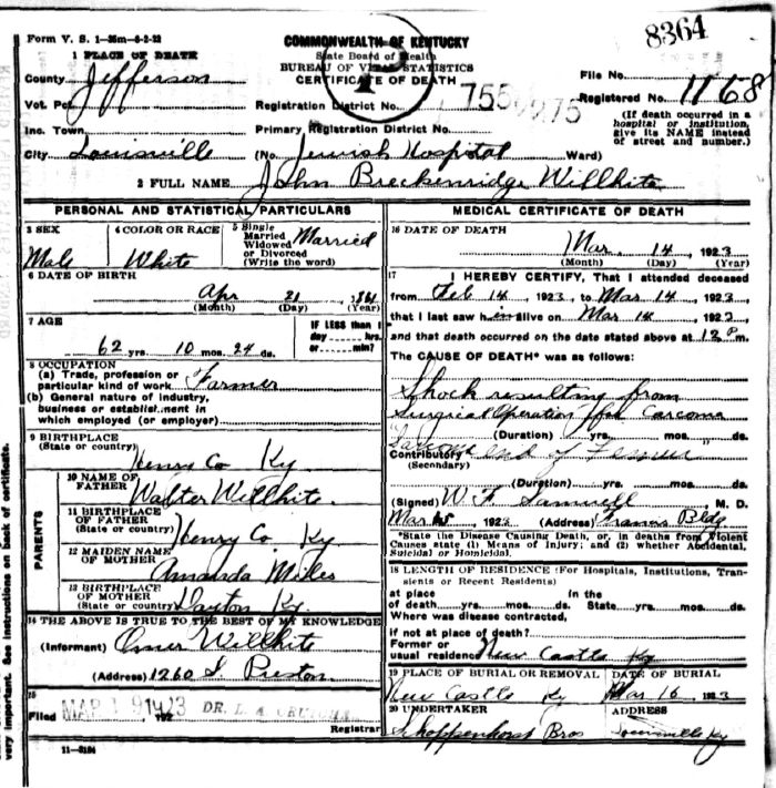 John Breckinridge Willhite Death Certificate