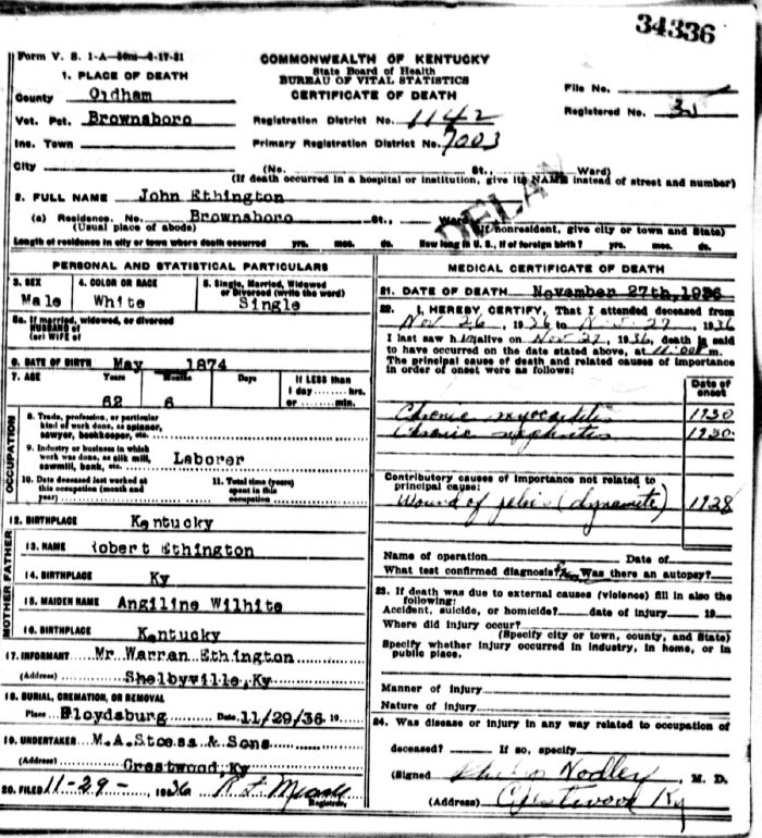 John Ethington Death Certificate