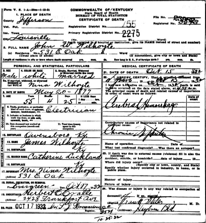 John W. Wilhoyte Death Certificate