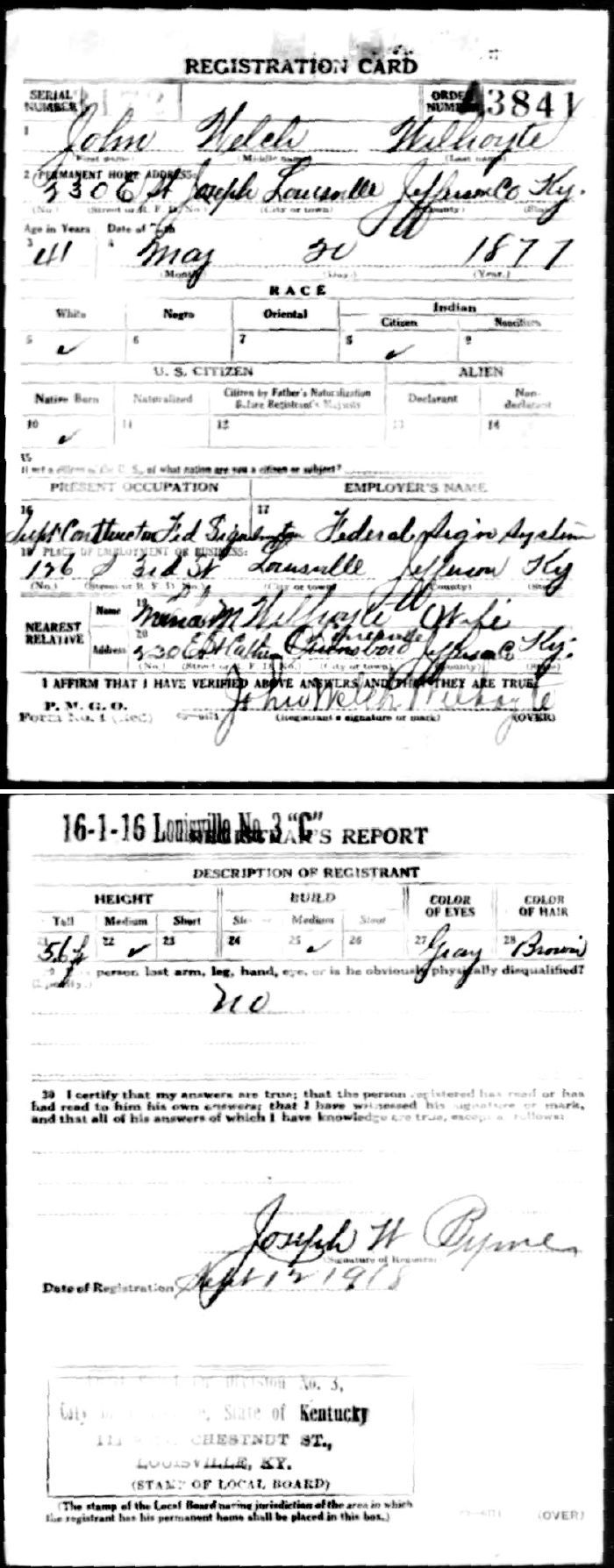 John Welch Wilhoyte WWI Registration Card