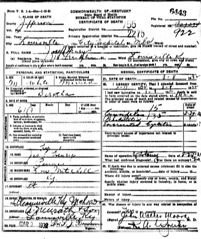 Joseph Henry Death Certificate