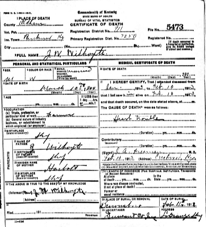 J. W. Wilhoyte Death Certificate