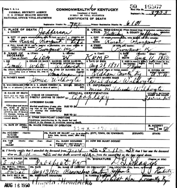 Lida W. Kemp Death Certificate