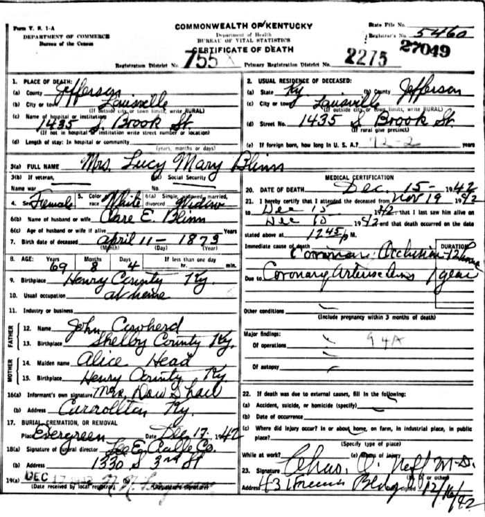 Lucy Mary Blinn Death Certificate