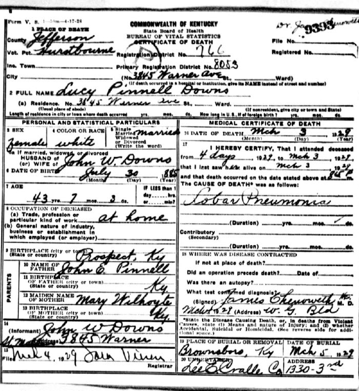 Lucy Pinnell Downs Death Certificate