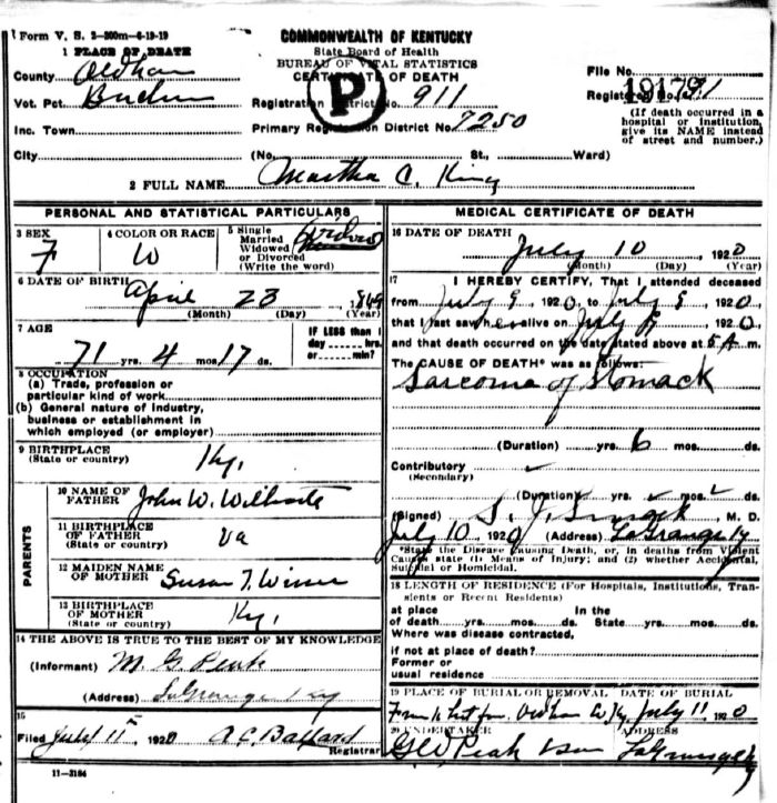 Martha C. King Death Certificate