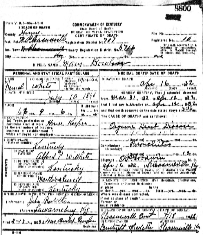 Mary Bowlin Death Certificate