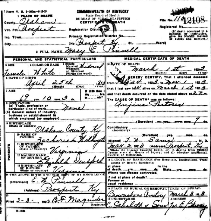 Marhy E. Pinnell Death Certificate
