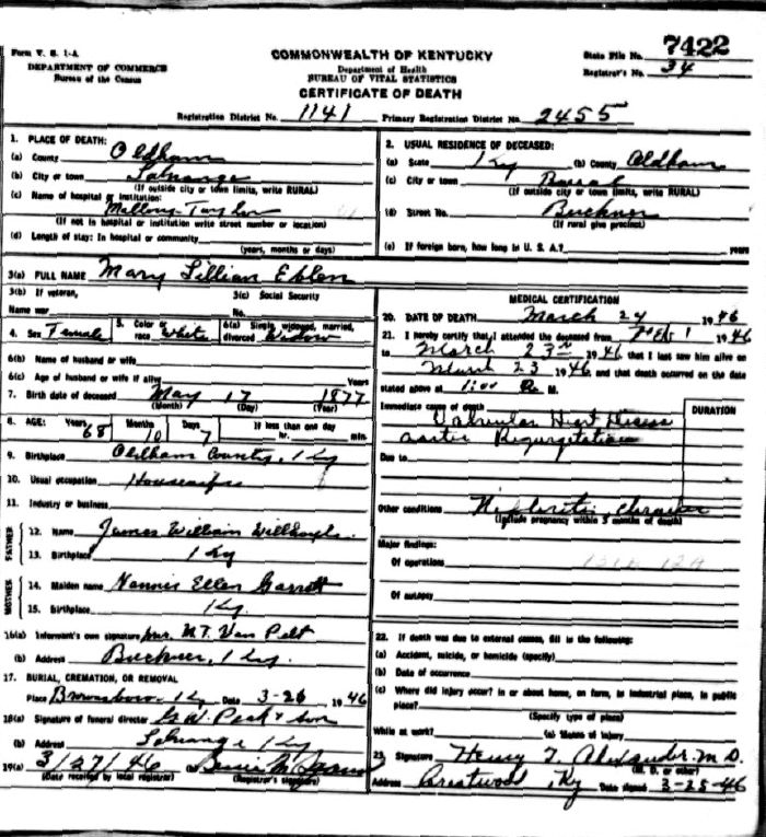 Mary Lilian Eblen Death Certificate