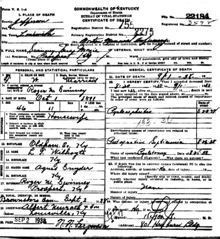 Mazie Swinning Death Certificate