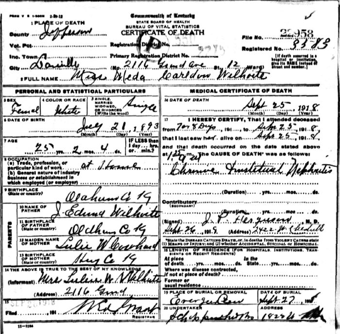 Meda Carldon Wilhoite Death Certificate