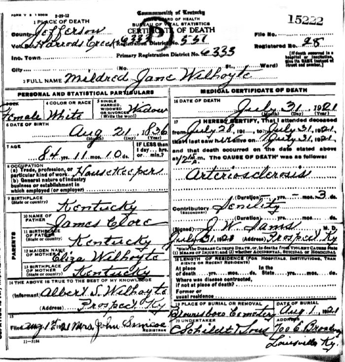 Mildred Jane Wilhoyte Death Certificate