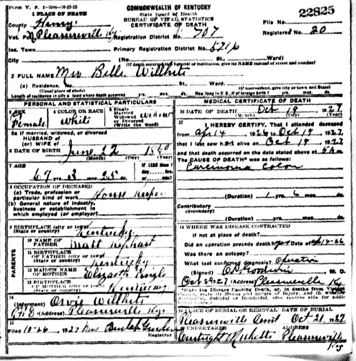 Mrs. Belle Willhite Death Certificate