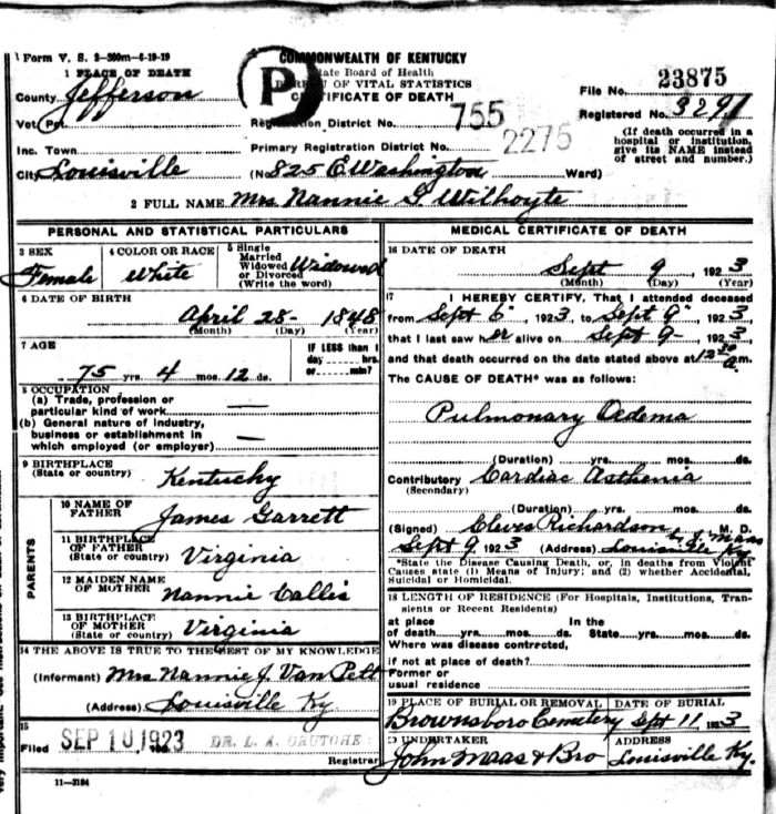 Nannie G. Wilhoyte Death Certificate