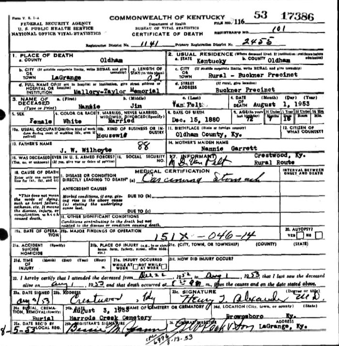 Nannie Jim Van Pelt Death Certificate