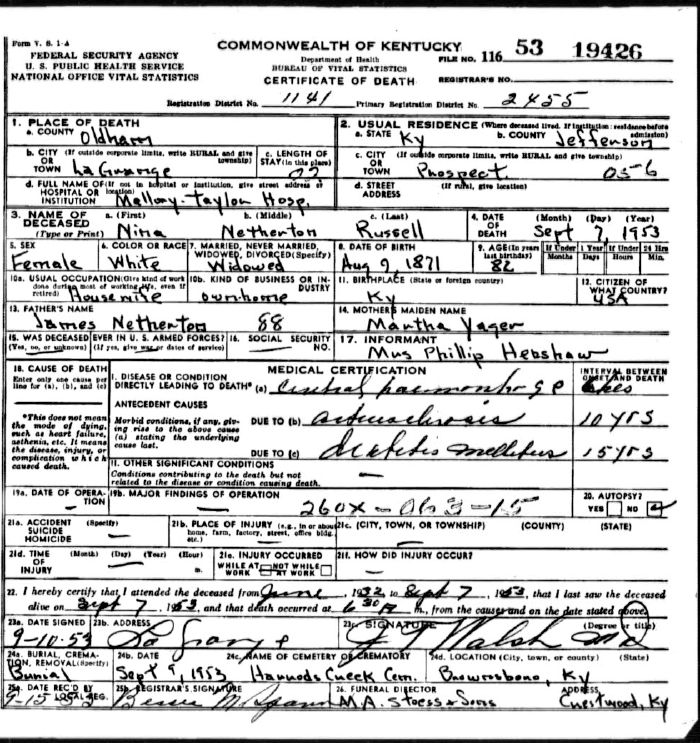 Nina Netherton Russell Death Certificate