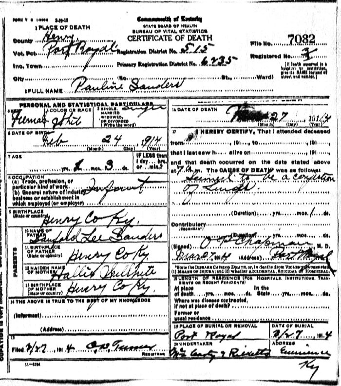 Pauline Sanders Death Certificate