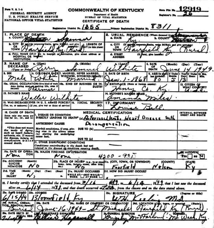 Perry Samuel Wilhite Death Certificate