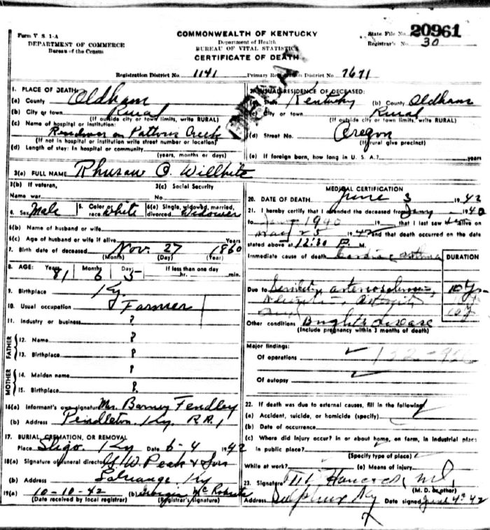 Rhusaw O. Willhite Death Certificate