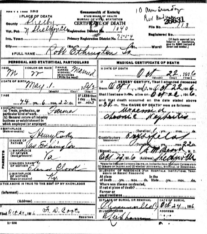 Robt Ethington Sr. Death Certificate