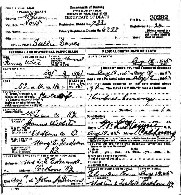 Sallie Vance Death Certificate
